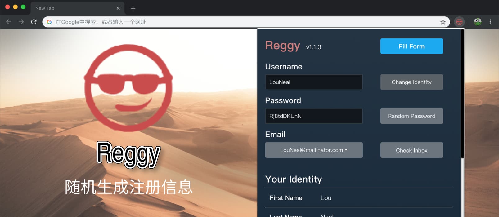 Reggy - 随机生成用户密码邮箱地址，一键填表，保护隐私[Chrome] 1