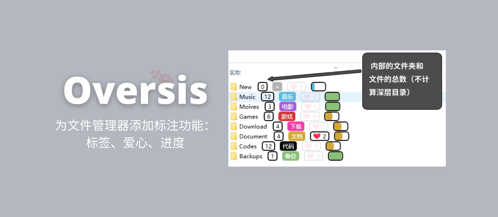 Oversis - 为文件管理器添加文件标注功能：标签、爱心、进度[Windows]