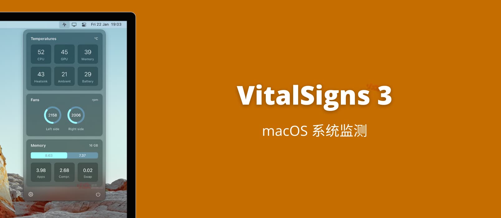 VitalSigns 3 - 免费的 macOS 系统监测工具，包括 10+ 种传感器数据
