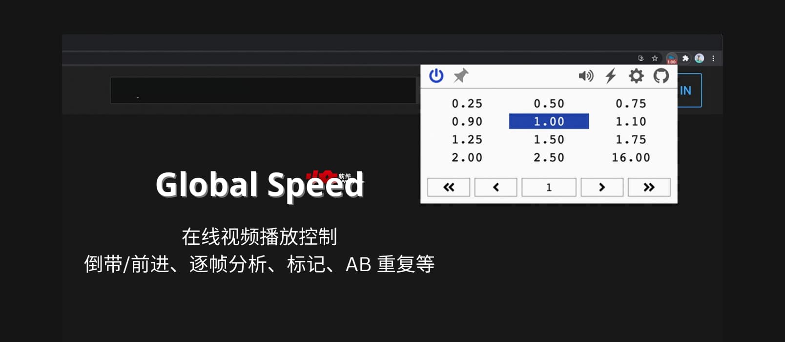 Global Speed - 在线视频播放控制：倍速、倒带/前进、逐帧分析、标记、AB 重复等[Chrome/Firefox]